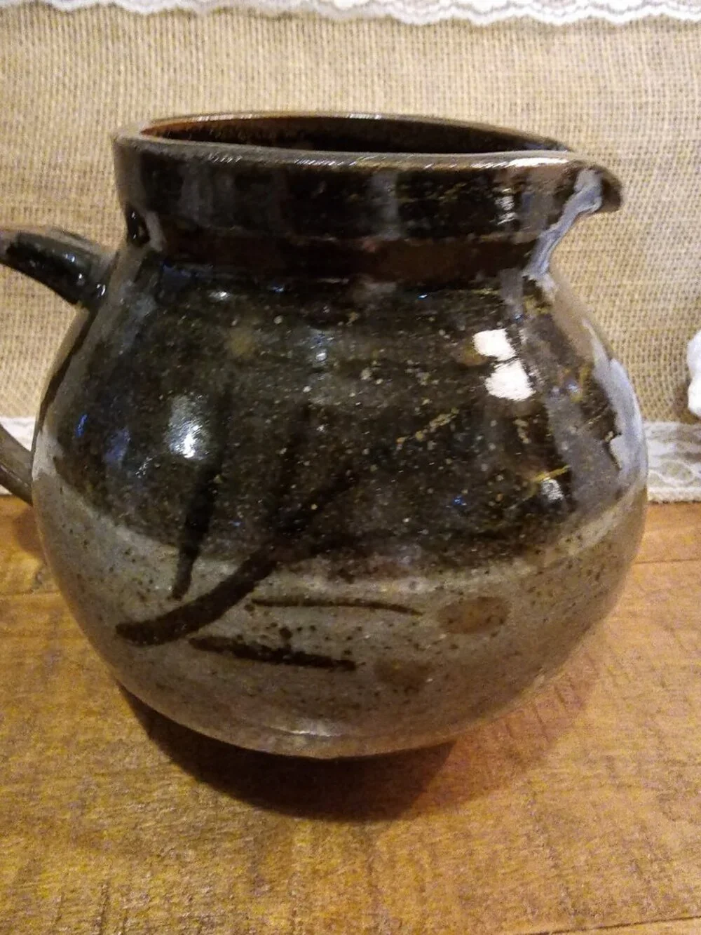 Vintage  Oribe Style Hand Crafted  Natural Color Pottery Pitcher Signed Mayr